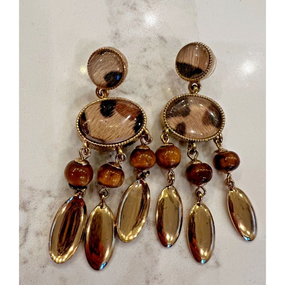 CHICO'S Gold Tone Animal Leopard Print Chandelier  Drop  Earrings with Beads